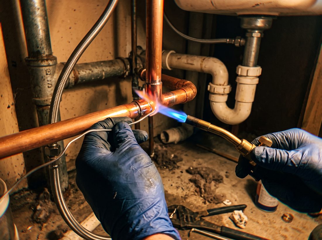 Gloved hands soldering a copper water line under a sink