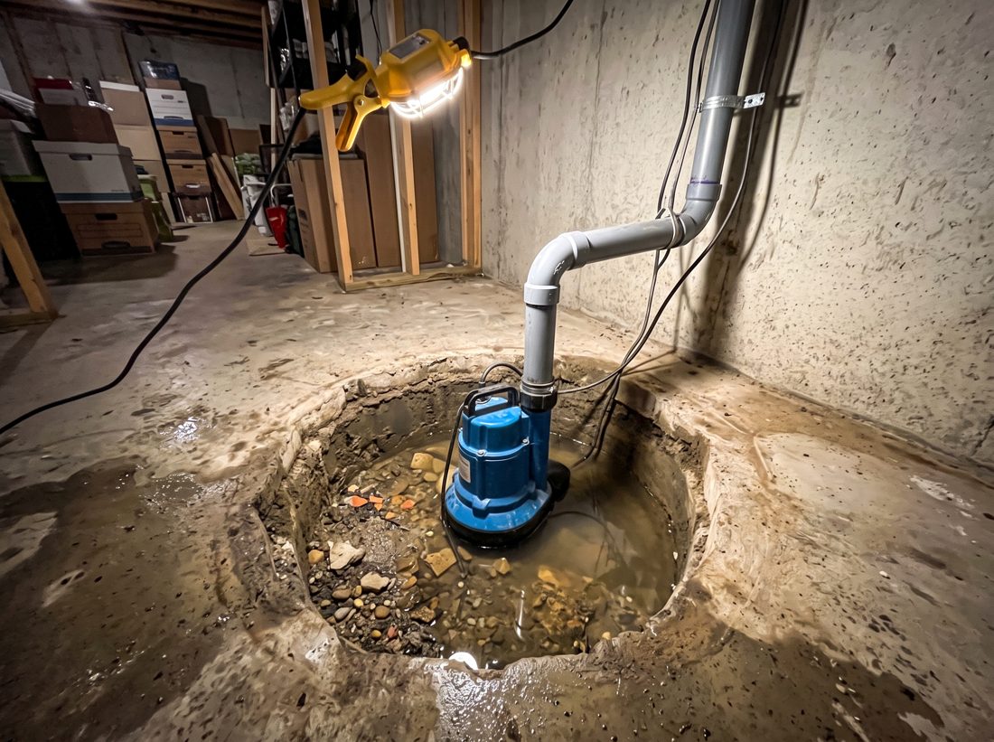 A sump pump installed in an open basement pit with a discharge pipe