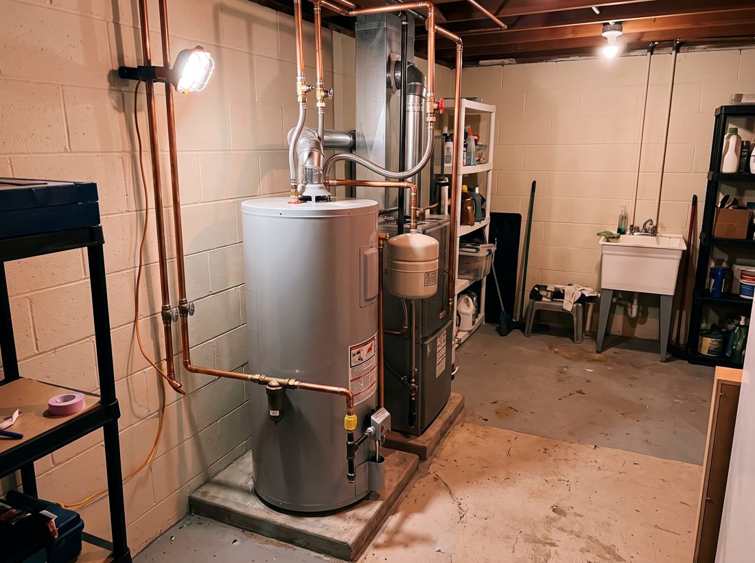 A newly installed water heater with copper supply lines in a basement